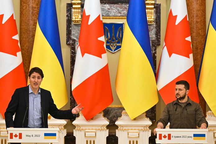 Trudeau en Zelensky tijdens een gezamenlijke persconferentie