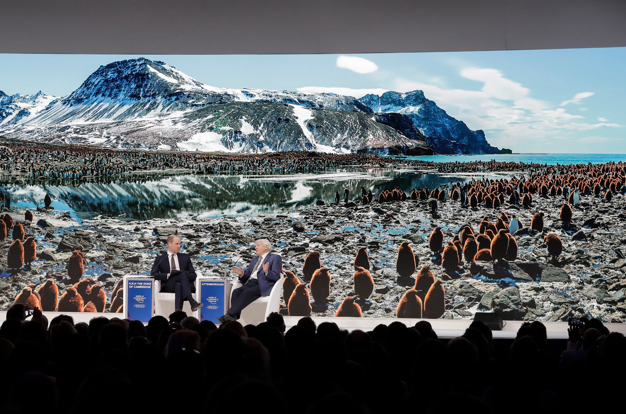 De Britse prins William (links) luistert naar Sir David Attenborough. De natuurfilmer presenteerde in Davos zijn documentaire Our Planet. Beeld AP