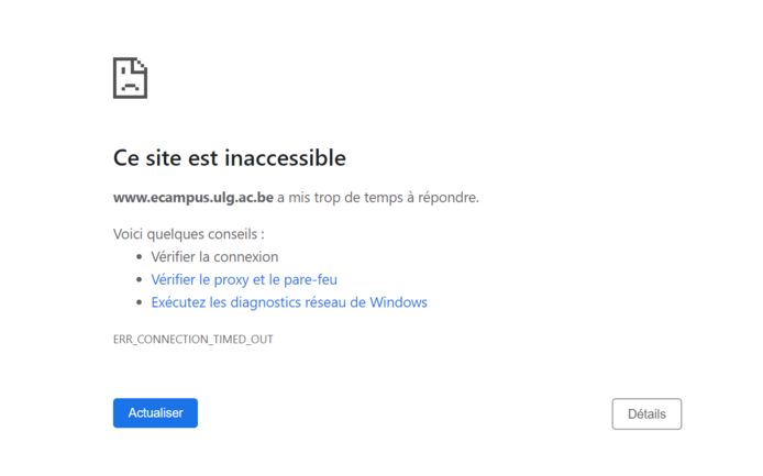 Message d'erreur qui apparaît lorsque l'on essaie de se connecter à la plateforme ecampus de l'Université de Liège.