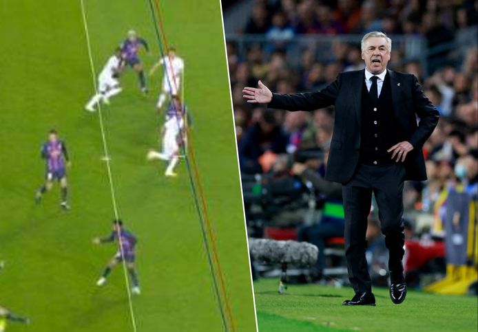 Links: Asensio staat héél nipt buitenspel, rechts: Ancelotti 'not amused'.