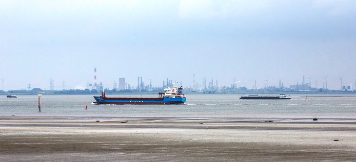 De  Westerschelde ter hoogte van Bath met de Antwerpse industrie op de achtergrond.
