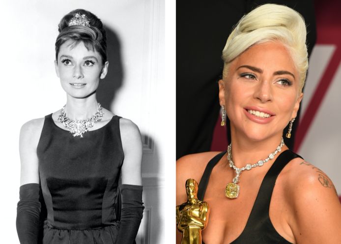 Links: Audrey Hepburn met de diamant, verwerkt in een juweel. Rechts: Lady Gaga met de diamant in 2019.