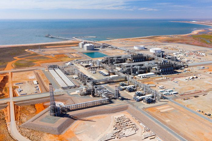De Wheatstone LNG facility van Chevron in Pilbara coast, in het westen van Australië.