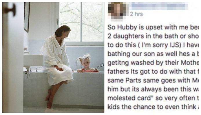 De post van de Australische moeder. De foto van de vrouw en het meisje in bad is illustratief.