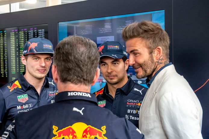 David Beckham talks to Max Verstappen and Sergio Perez at the Miami circuit last year.