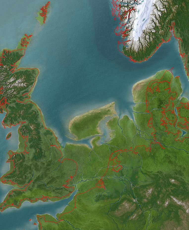 Kaart van Doggerland, met in rood de huidige kustlijn van Noordwest-Europa. Beeld Olav Odé voor RMO