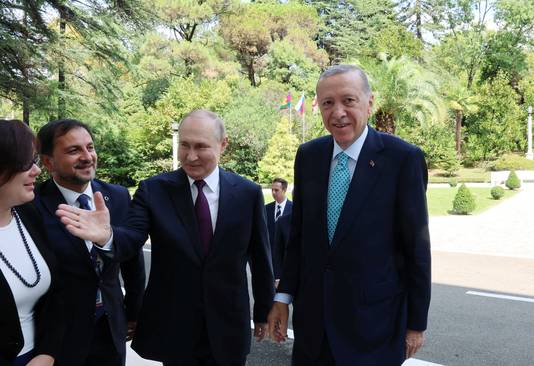 De Russische president Poetin en zijn Turkse ambtgenoot Erdogan. 