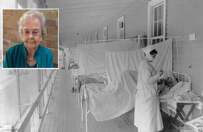 Een verpleegster verzorgt  grieppatiënten in een ziekenhuis in de Amerikaanse hoofdstad Washington DC, foto uit 1918. In de VS vielen minstens 675.00 doden door de Spaanse griep. Inzet: Selma Ester Ryan (96).