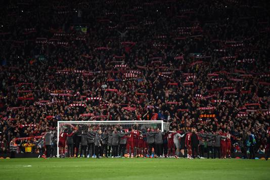 LIVERPOOL, ENGLAND - MAY 07:  Liverpool players celebrate with fans after the UEFA Champions League Semi Final second leg match between Liverpool and Barcelona at Anfield on May 07, 2019 in Liverpool, England. (Photo by Shaun Botterill/Getty Images)