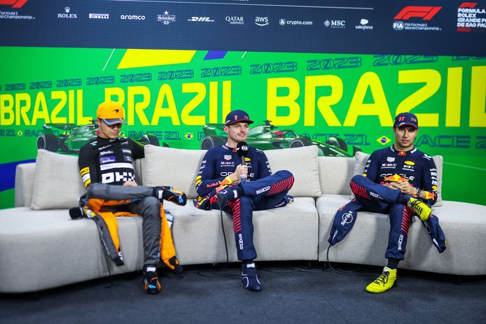 Lando Norris, Max Verstappen en Sergio Perez.
