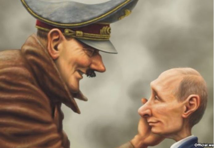 De Oekraïense regering deelde aan het begin van de oorlog deze cartoon, die de Duitse nazileider Adolf Hitler en de Russische president Vladimir Poetin samen afbeeldt, op Twitter.