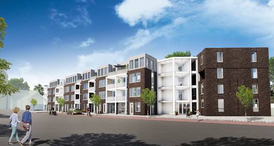 Bouwplan Voorstadhalte. Een impressie van de 40 sociale huurappartementen van Woningstichting Compaen, gezien vanaf de Hoofdstraat in Helmond/Mierlo-Hout.