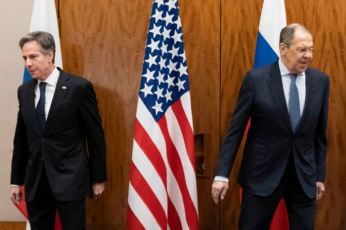 Amerikaans minister van Buitenlandse Zaken Antony Blinken en zijn Russische evenknie Sergej Lavrov in Genève.