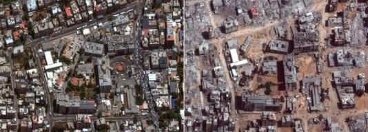 Twee satelietbeelden van Maxar Technologies van het Al Shifa-ziekenhuis en omgeving: links, woensdag 1 juni 2022; rechts maandag 1 april 2024.