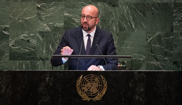 De Belgische premier Charles Michel sprak donderdag de algemene vergadering van de Verenigde Naties toe. Beeld BELGA