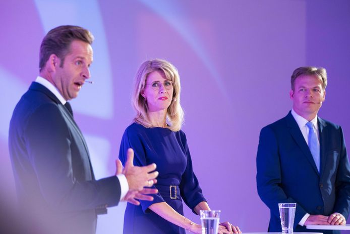 Vicepremier Hugo de Jonge, staatssecretaris Mona Keijzer en Kamerlid Pieter Omtzigt tijdens het lijsttrekkersdebat van het CDA in de Jaarbeurs.