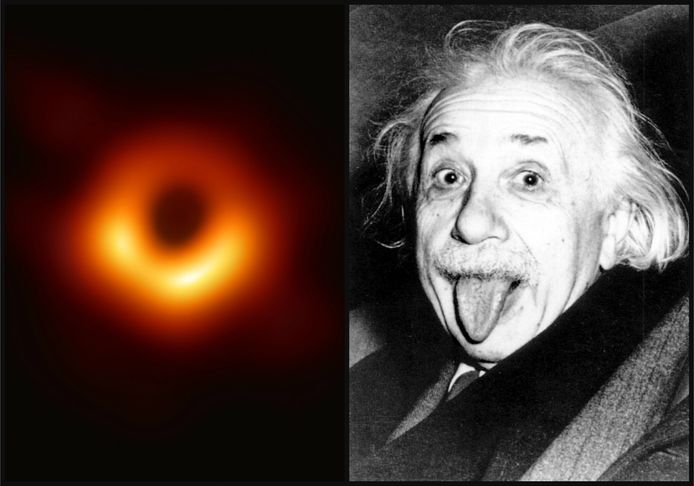 Links de allereerste foto van een 'zwart gat', rechts het natuurkundig genie dat het bestaan ervan meer dan honderd jaar geleden voorspelde.