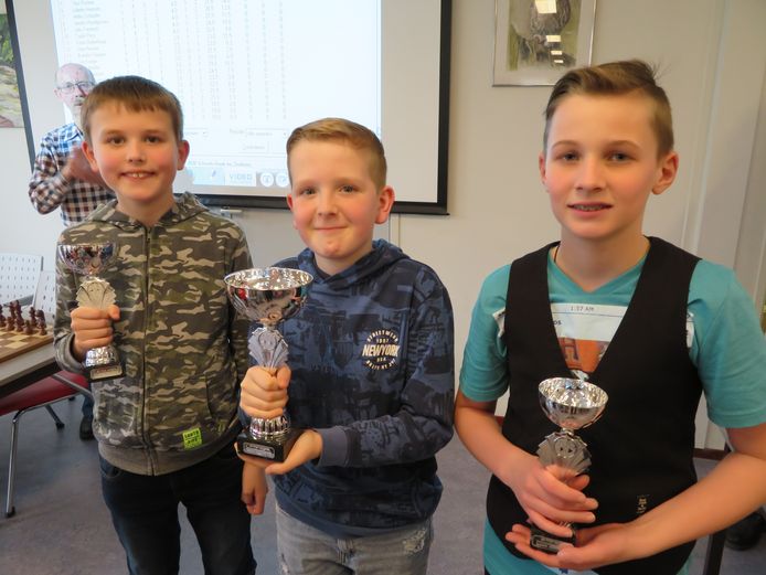 De prijswinnaars bij de jongens van het individueel schoolschaakkampioenschap van de gemeente Hellendoorn.