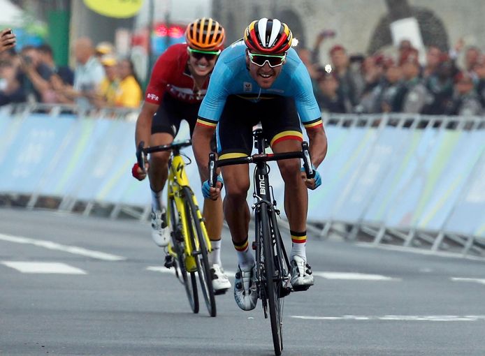 2016 Rio Olympics - Cycling Road - Final - Men's Road Race - Fort Copacabana - Rio de Janeiro, Brazil - Greg Van Avermaet (BEl) of Belgium in the final sprint with Jakob Fuglsang (DEN) of Denmark  REUTERS/Eric Gaillard ) FOR EDITORIAL USE ONLY. NOT FOR SALE FOR MARKETING OR ADVERTISING CAMPAIGNS.