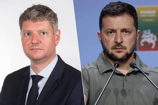 Links Stian Jenssen, de kabinetschef van NAVO-secretaris-generaal Jens Stoltenberg, rechts de Oekraïense president Volodymyr Zelensky.