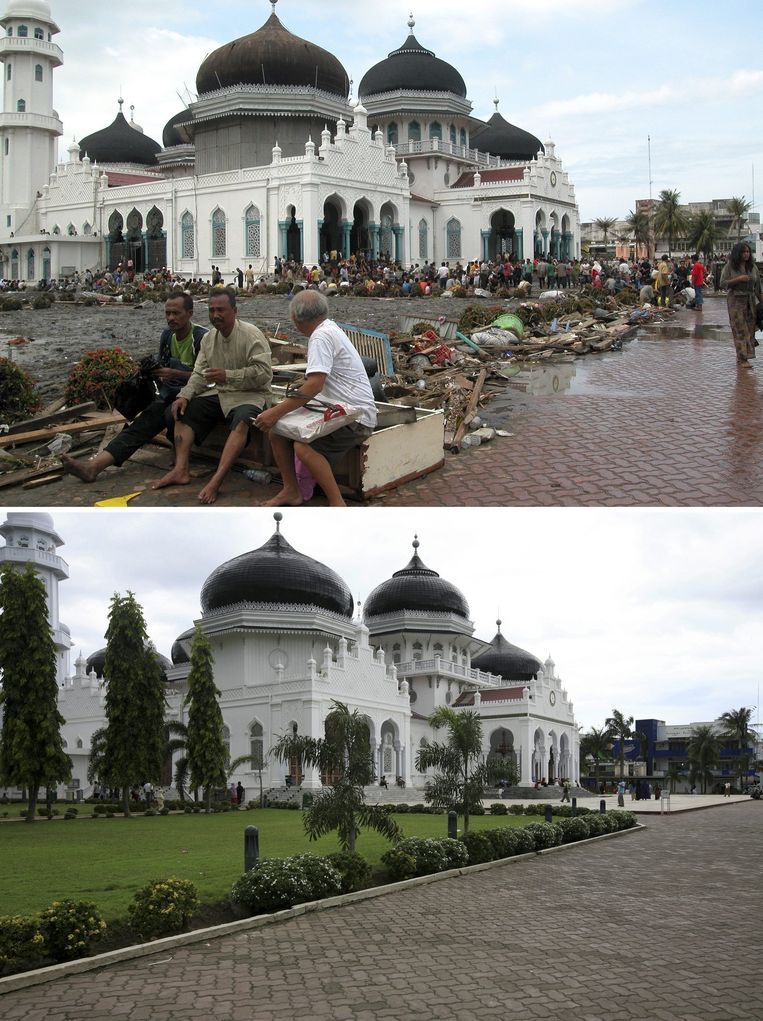 De Baitulrahman Moskee in Banda Atjeh op 26 december 2004 en in december 2014. Beeld epa