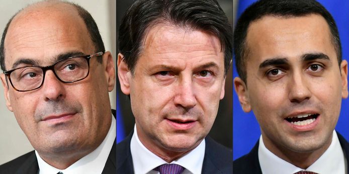 PD-partijleider Nicola Zingaretti, Giuseppe Conte en Luigi Di Maio van de Vijfsterrenbeweging.