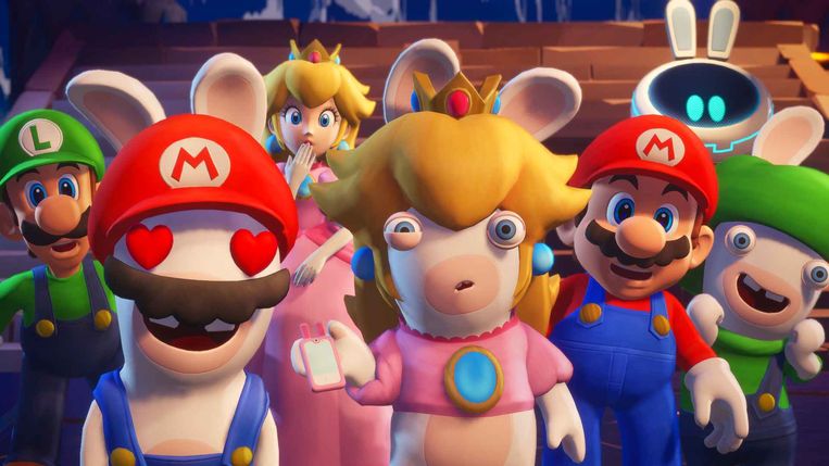 Luigi, Princess Peach and Super Mario (left to right) and their Rabbid look-alikes.  Image Ubisoft