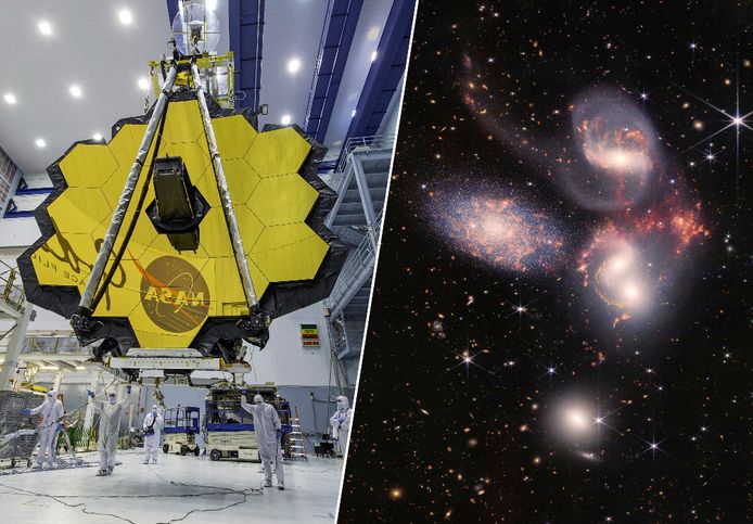 Fotomontage HLN: De spiegels van de James Webb Space Telescope en het Kwintet van Stephan, een groep van vijf sterrenstelsels.