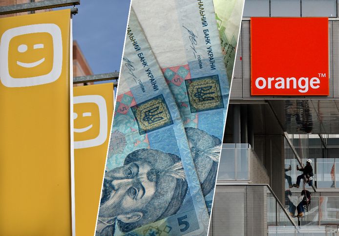 Fotomontage HLN: het logo van telecomoperator Telenet, enkele grivnabiljetten uit Oekraïne, het logo van telecombedrijf Orange.