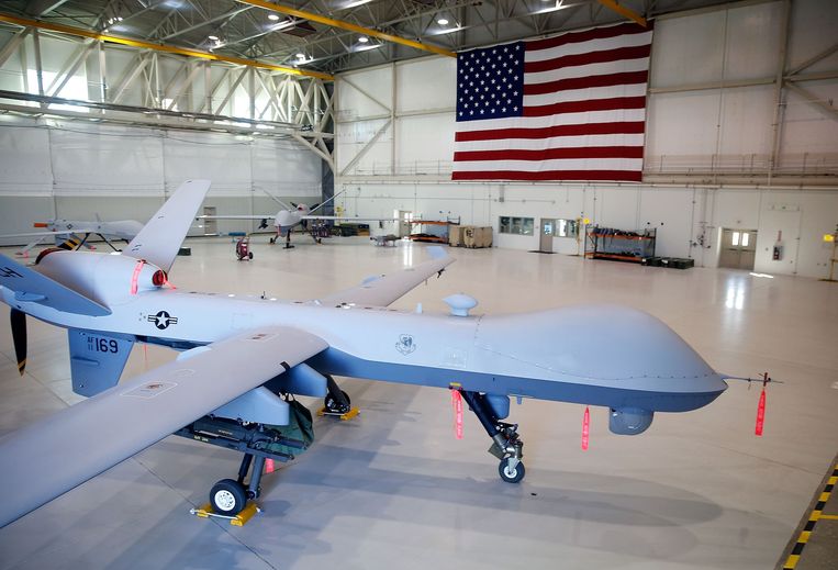 De Amerikaanse drone de 'Reaper' op een vliegbasis in Indian Springs, Nevada. Het is een van de voorlopers van de Amerikaanse MQ-9 SkyGuardian. Beeld AFP
