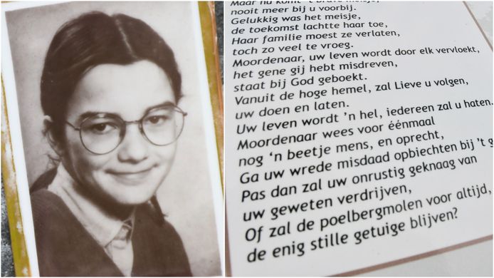 De foto van Lieve Desmet op haar grafzerk (l.), waar ook een gedicht bij geplaatst werd (r.). Dat werd geschreven door wijlen Frans Beke, voormalig schepen en buurman van het meisje.