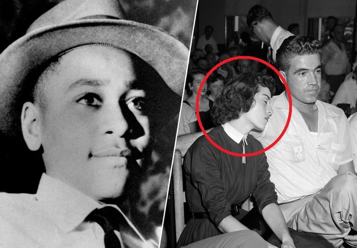 Links de vermoorde Emmett Till. Rechts een beeld uit de rechtszaal: Carolyn Bryant Donham laat haar hoofd rusten op de schouder van haar toenmalige man Roy, nadat ze getuigd heeft.