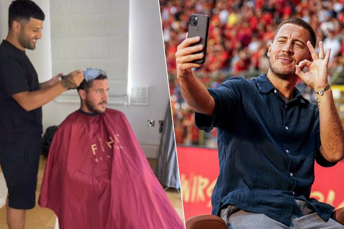 Links: Eden Hazard krijgt een nieuwe haarkleur.
Rechts: Hazard tijdens zijn afscheid als Rode Duivel.