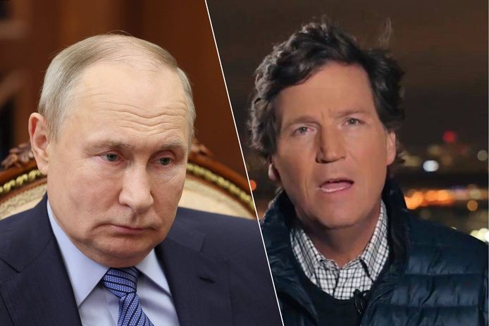 De Russische president Vladimir Poetin. / De Amerikaanse televisiepresentator Tucker Carlson.