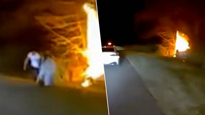 Beelden tonen hoe brandweerman, die op dat moment niet aan het werk is, vrouw uit brandend voertuig redt na zwaar ongeluk