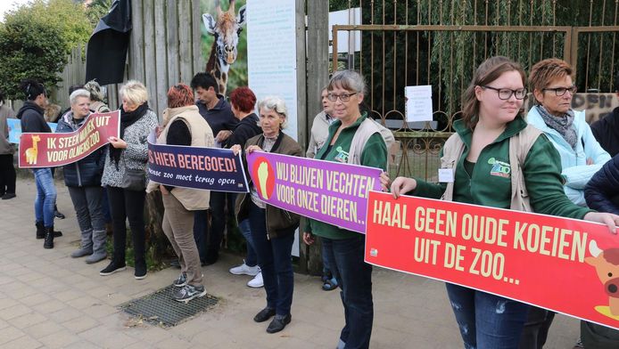 Actievoerders houden spandoeken vast aan de ingang van de Olmense Zoo.