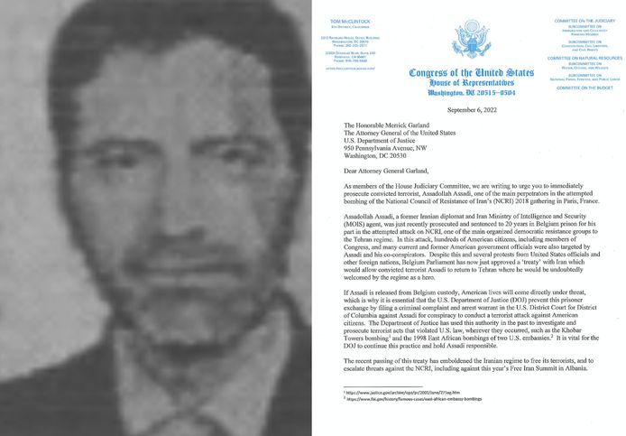 Paspoortfoto van Assadollah Assadi en de brief die de Amerikaanse Justitieminister over hem kreeg