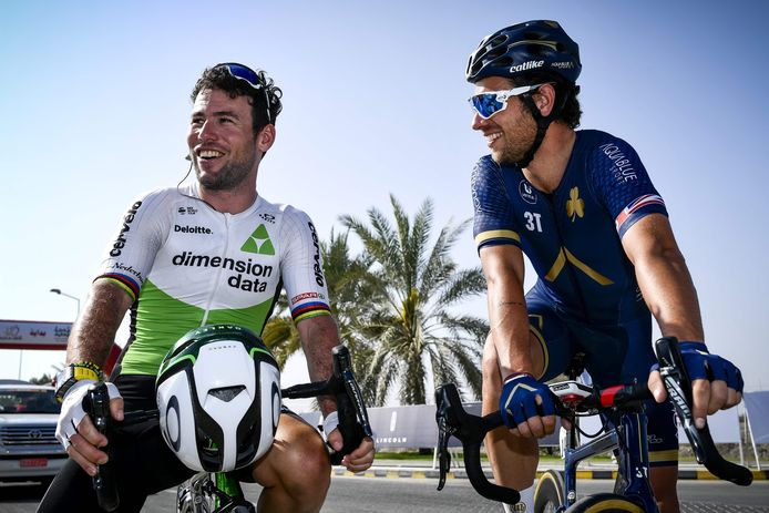 Mark Cavendish (L) en Adam Blythe (r)