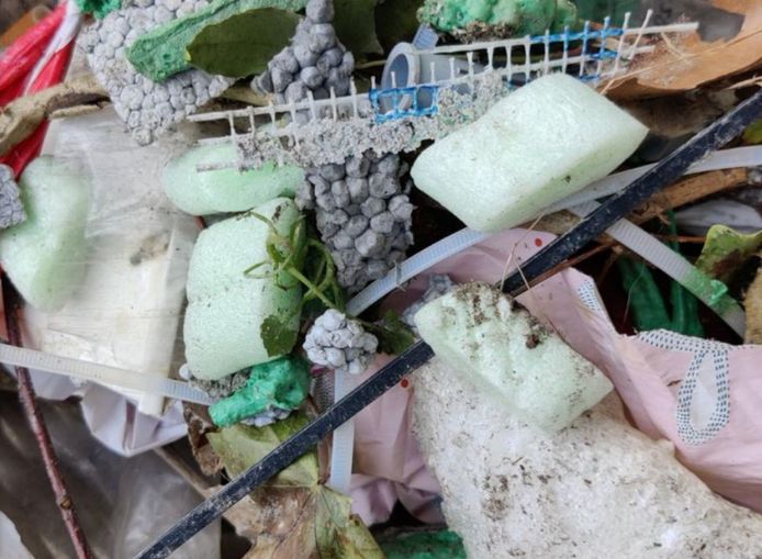Plastic afval in het groen rond de Fivelingo, in de buurt waar huizen worden geïsoleerd.