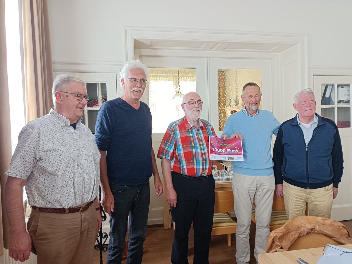De vijf bestuursleden van de stichting Vrienden Oosteuropa met de cheque die in Wierden werd aangeboden. Tweede van links Hans Mutter en derde van links Ab Kleinlugtenbeld.