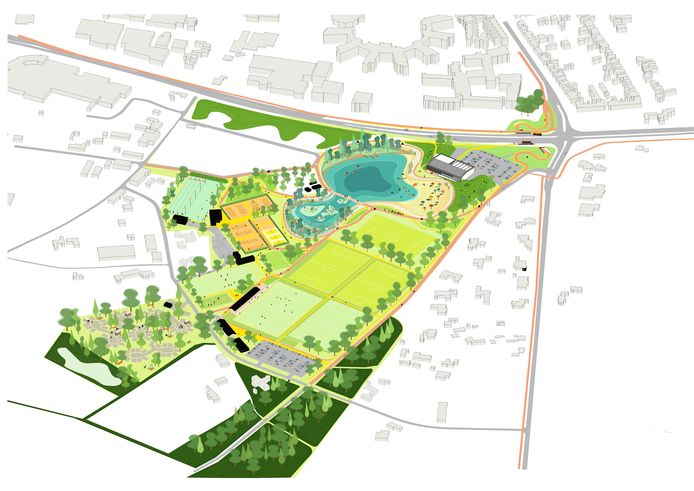 Project Egyptische Poort in Bladel. Begrensd door  Leemskuilen, de N284 en de Bossingel . Zwembad en zwemvijver liggen rechts bovenin, de woningen links van de vijver (nog niet ingetekend), de sportvelden in het midden en de parkeerplaats voor campers links onderin.