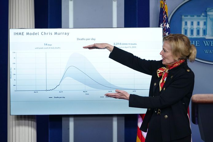 Dokter Deborah Birx van de White House Coronavirus Task Force geeft uitleg bij de curve van het aantal doden per dag.