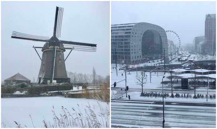 Prachtig wit landschap  in Hazerswoude dorp met uitzicht op de Rietveldse molen. Rechts de Markthal in Rotterdam.