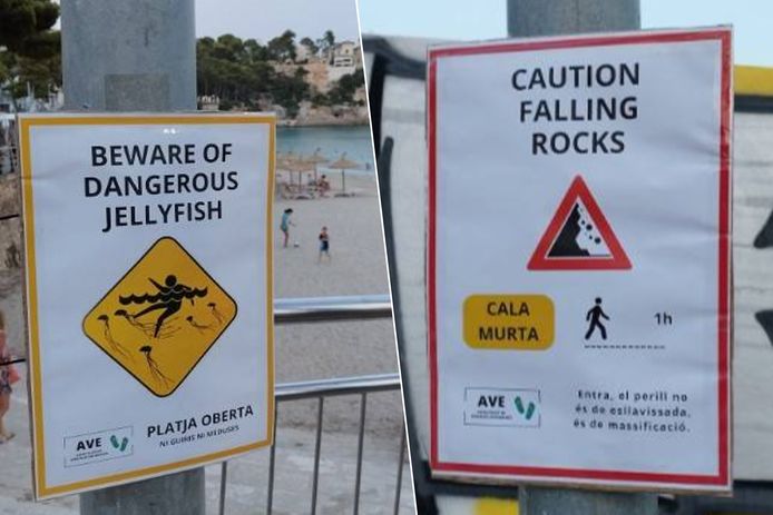 De valse gevaarborden waarschuwen toeristen onder meer voor kwallen en vallende rotsen.