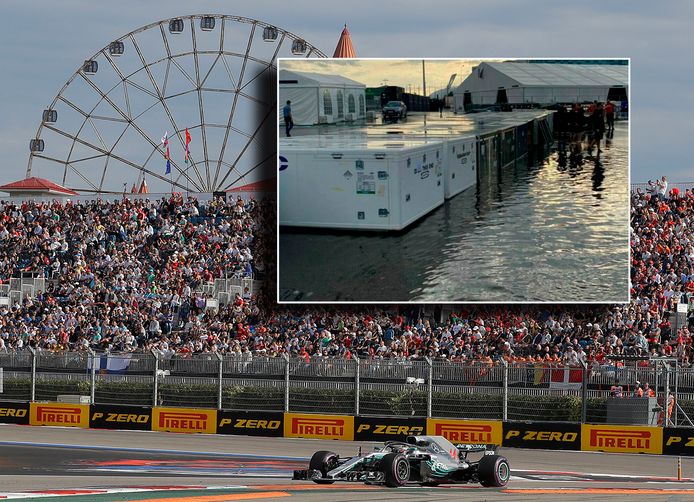 Het circuit van Sotsji. Inzet: de ondergelopen paddock.