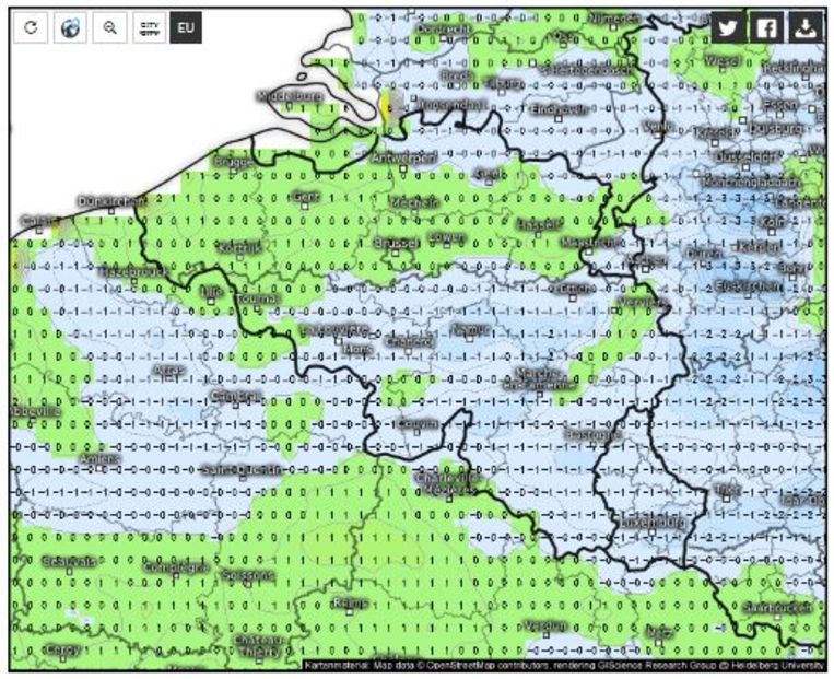 Volgende dagen en tijdens het weekend kan het aan de grond vriezen. Het wordt zo opnieuw opletten voor rijm- en/of ijsplekken. Beeld Kachelmannwetter.com