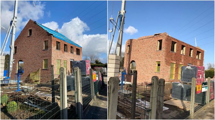 De woning in verbouwing van Shani en Ellert in Denderhoutem vóór en na de storm.