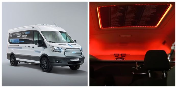 De Ford Transit Smart Energy Concept met rode verlichting.