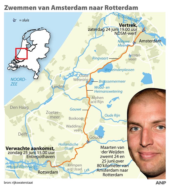 Maarten van der Weijden zwemt 24 en 25 juni een tocht over 80 kilometer van Amsterdam naar Rotterdam.