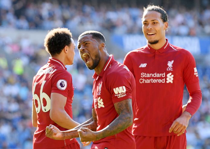 Georginio Wijnaldum schreeuwt het uit van vreugde na zijn goal tegen Cardiff City.